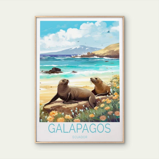 Galapago Ecuador, Sea Lions in Beach Travel Poster Print Wall Art