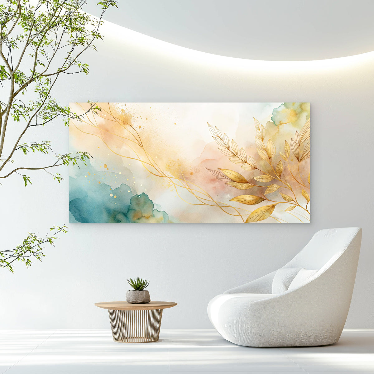 Golden Ether Botanical Leaves Wall Art Canvas Office Home Room Framed 120x60cm