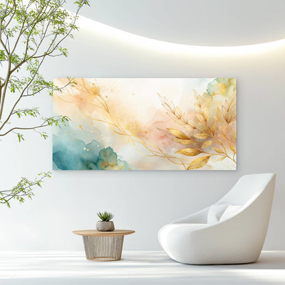 Golden Ether Botanical Leaves Wall Art Canvas Office Home Room Framed 120x60cm