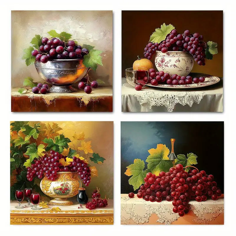 4pcs Wine Pictures Vibrant Fruits Wall Art Canvas Framed