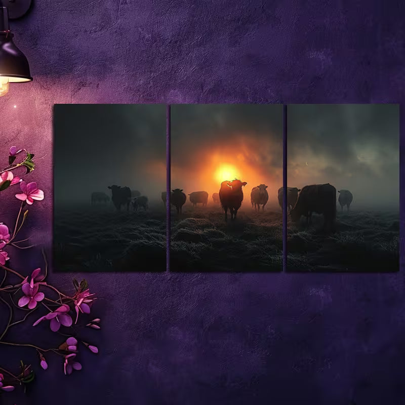 3pcs Rustic Sunset Cows and Sheep Wall Art Set Canvas Framed 60x90cm - High Quality Print 100% Australian Made Wall Canvas Ready to Hang