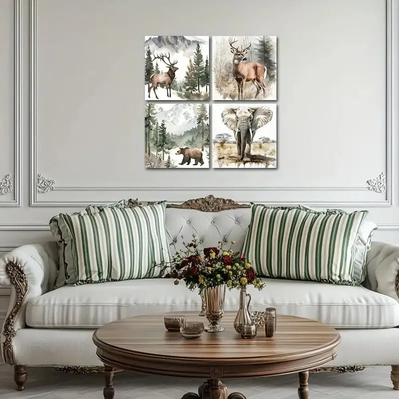 4pcs Forest Animal Deer Bear Elephant Picture Wall Art Canvas Framed