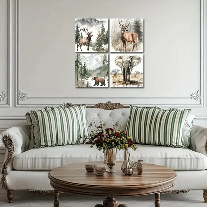 4pcs Forest Animal Deer Bear Elephant Picture Wall Art Canvas Framed