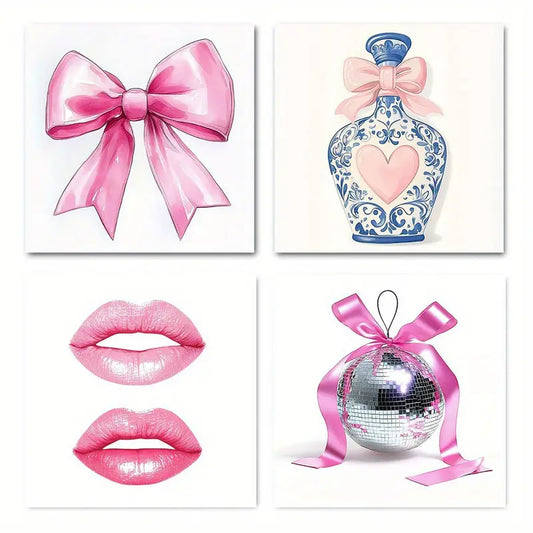 4pcs Funky Pink Bow Trendy Blue& White Porcela Wall Art Canvas Framed