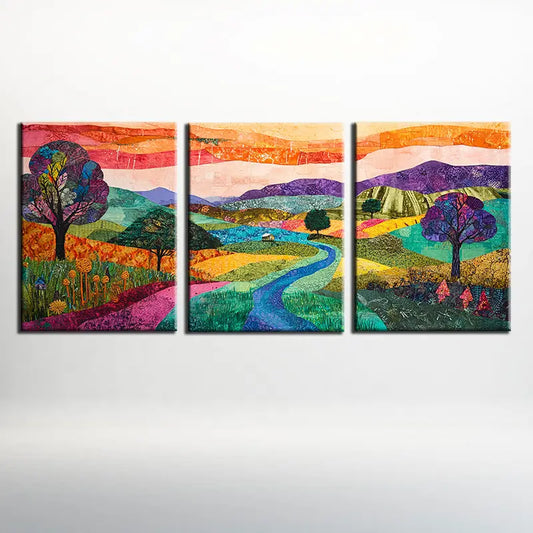 3pcs Colorful Fields River Elegant Design Metal Print Ready to Hang Art