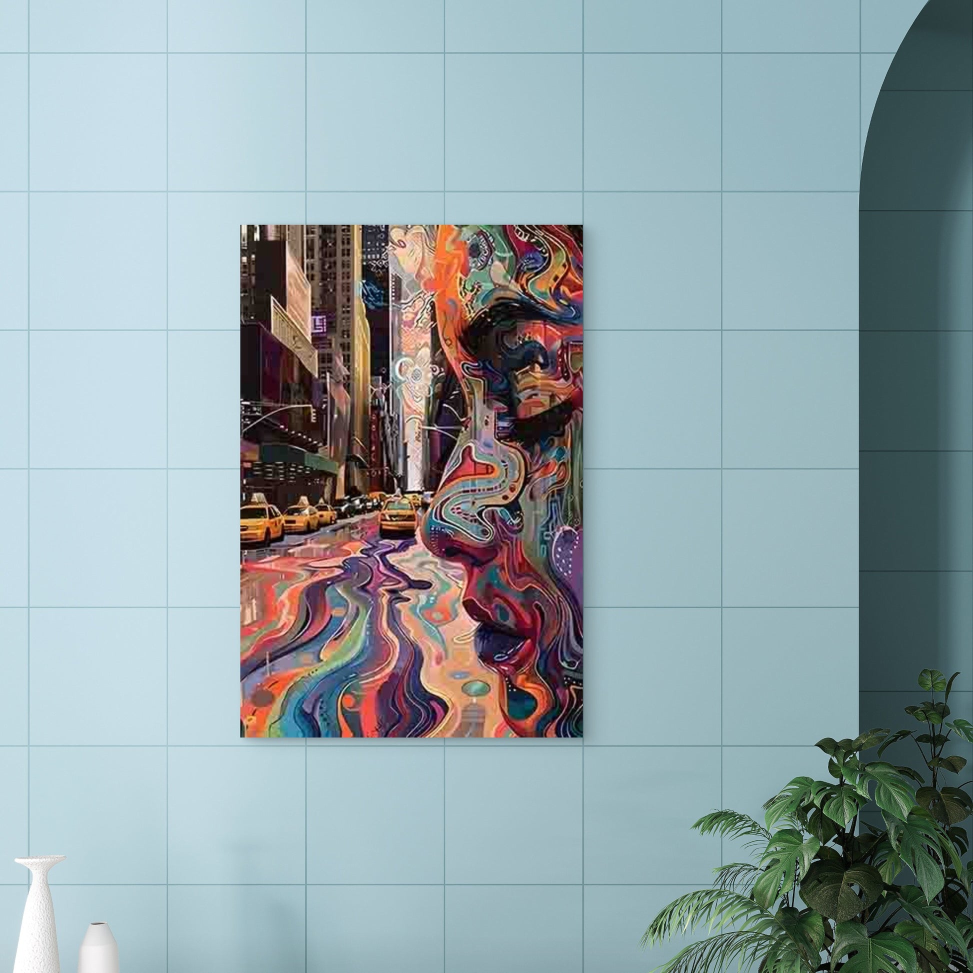 Abstract Portrait and Urban Landscape Fusion 60x90cm Metal Print Ready to Hang - Bella Home Decor