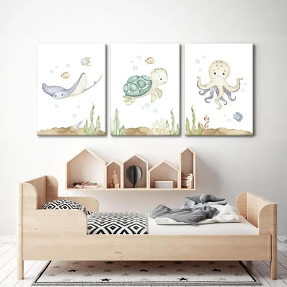 3pcs Octopus, Turtle, & Whale Ocean-Themed Nursery Metal Print Ready to Hang Art