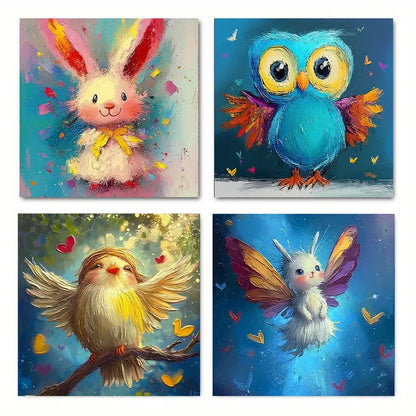 4pcs Cute Rabbit, Owl, Chick & Bird Wall Art Canvas Framed
