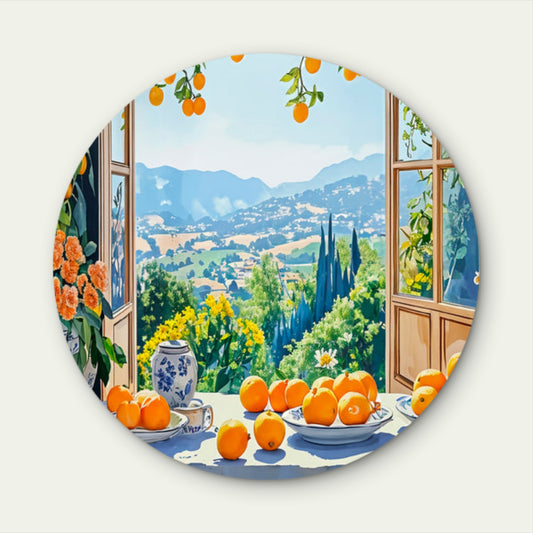 Mountains Through Orange Table Window Acrylic Glass Rounded Print Tempered Glass Wall Art 100% Made in Australia Ready to Hang