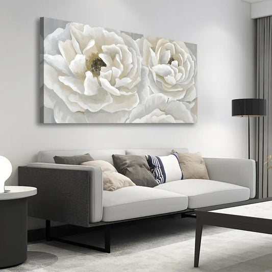 Cream White Peony Elegant Floral Wall Art canvas office home room framed 120x60cm