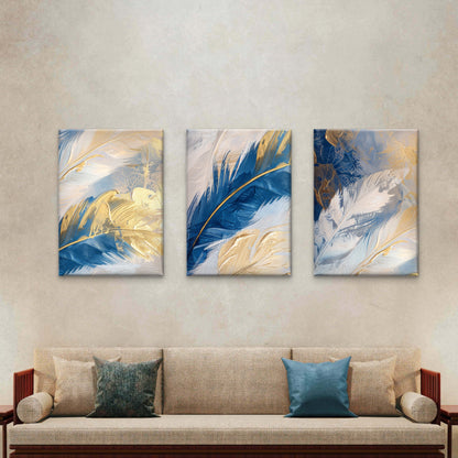 3pcs Royal Blue Gold Feather Abstract Painting Wall Art Set Canvas Framed 60x90cm - High Quality Print 100% Australian Made Wall Canvas Ready to Hang