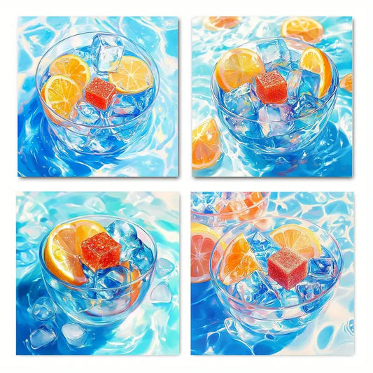 4pcs Chilled Lemon Drink Abstract Wall Art Canvas Framed