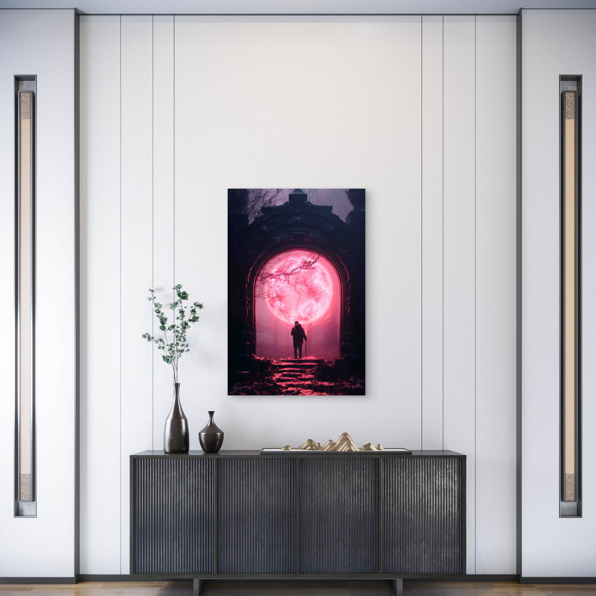 A Lone Figure Standing Before An Ancient Dark Stone Archway 60x90cm Metal Print Ready to Hang
