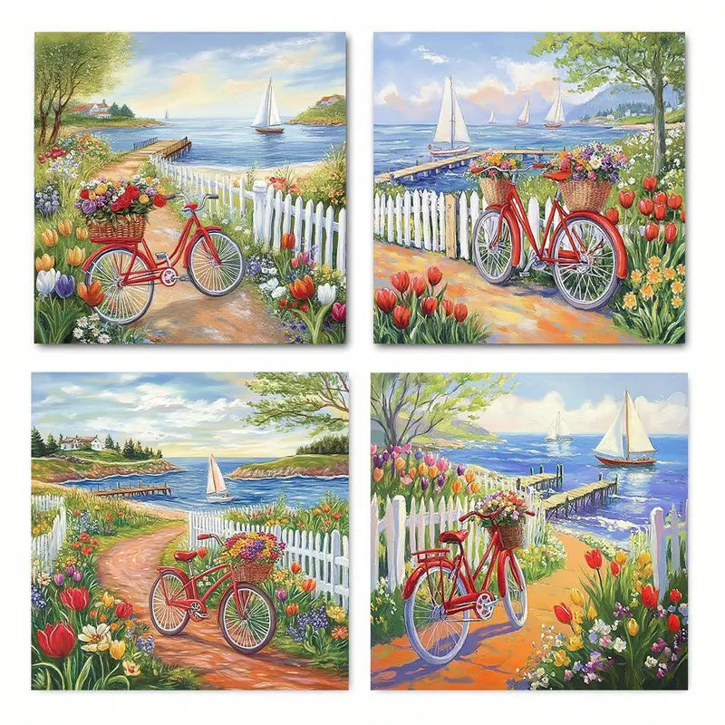4pcs Vintage Bike Path   Tulips & Sailboats   Wall Art Canvas Framed