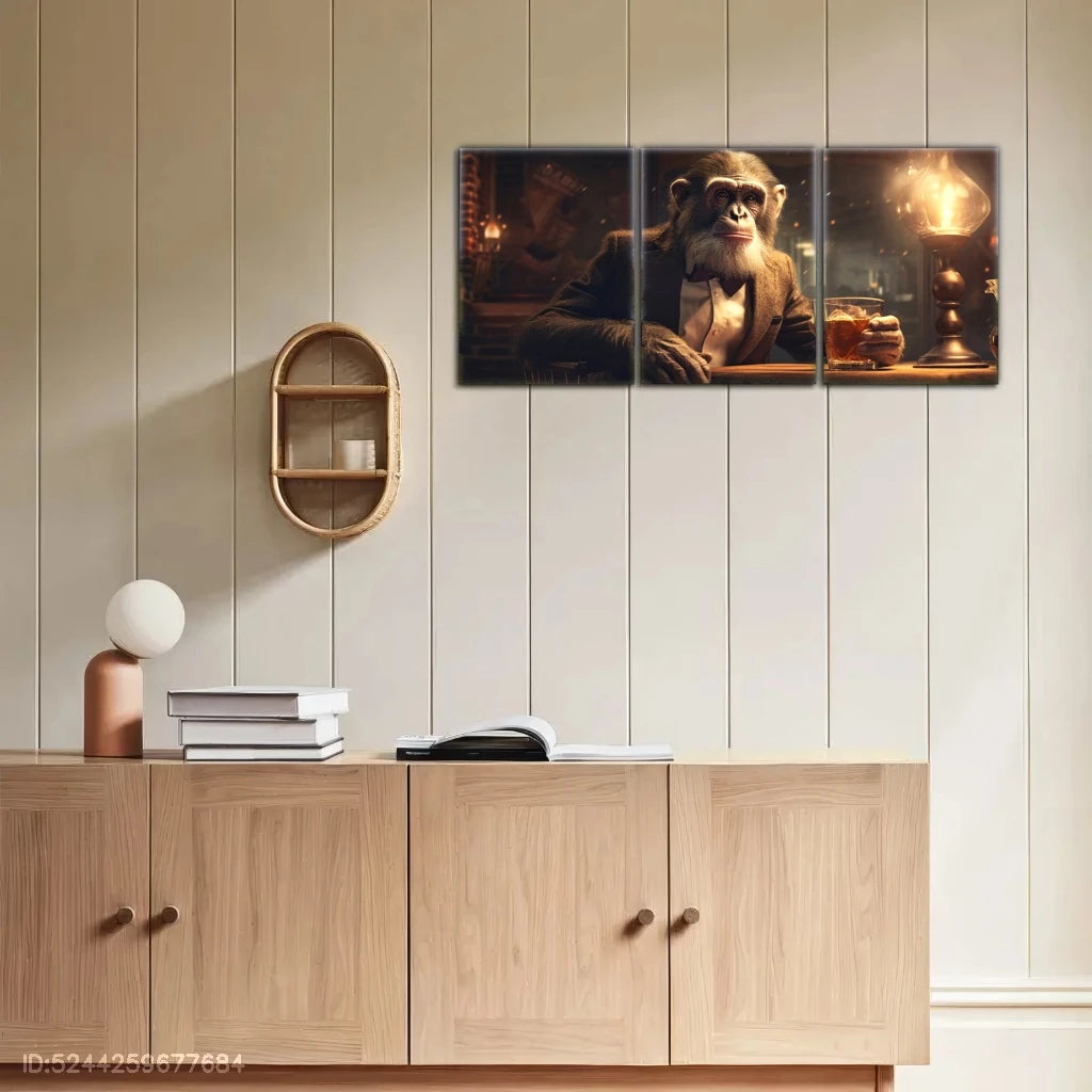 3pcs Elegant Monkey in Suit with Whiskey Metal Print Ready to Hang Art