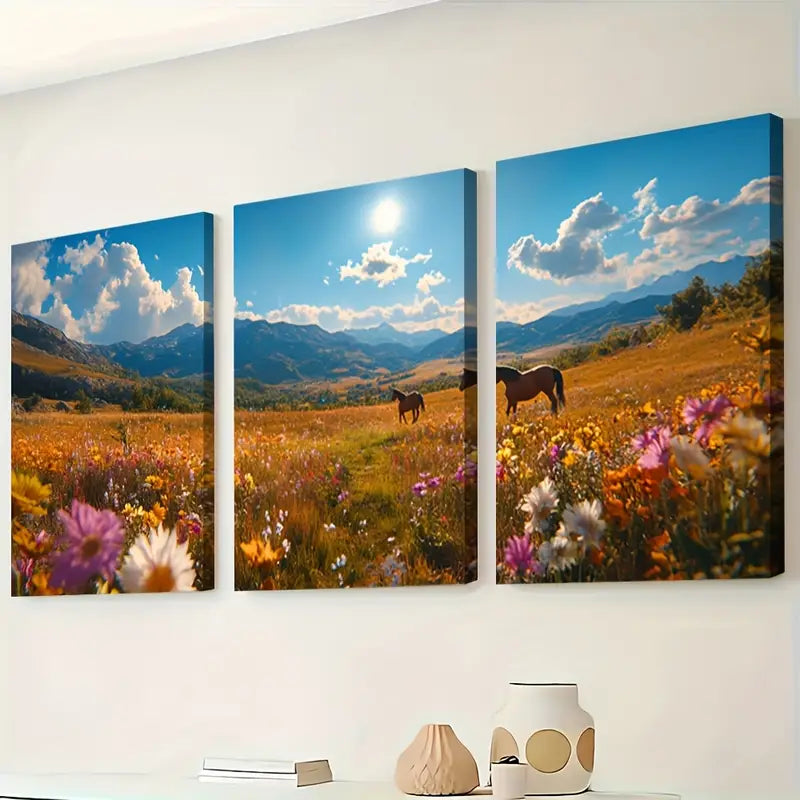 3pcs Plateau Wild Horses Landscape Scene Wall Art Set Canvas Framed 60x90cm - High Quality Print 100% Australian Made Wall Canvas Ready to Hang