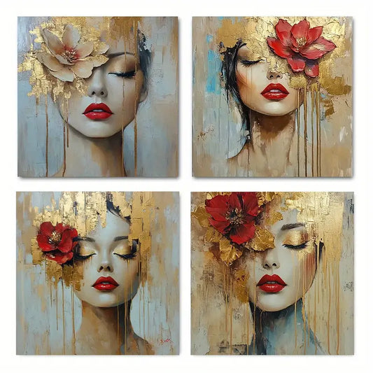 4pcs Fashion Floral Crown Woman Wall Art Canvas Framed