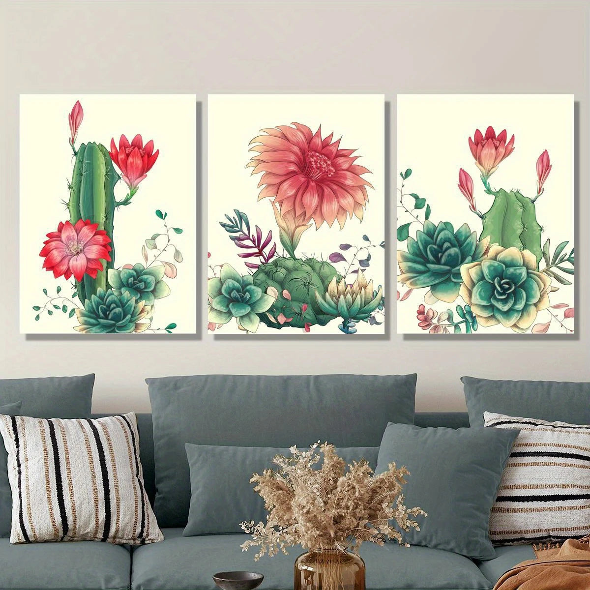 3pcs Vibrant Red Flowers, Green Foliage Cactus Metal Print Ready to Hang Art