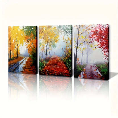 3pcs Tranquil Fall Foliage Scenes with Golden, Orange, Red Leaves Metal Print Ready to Hang Art