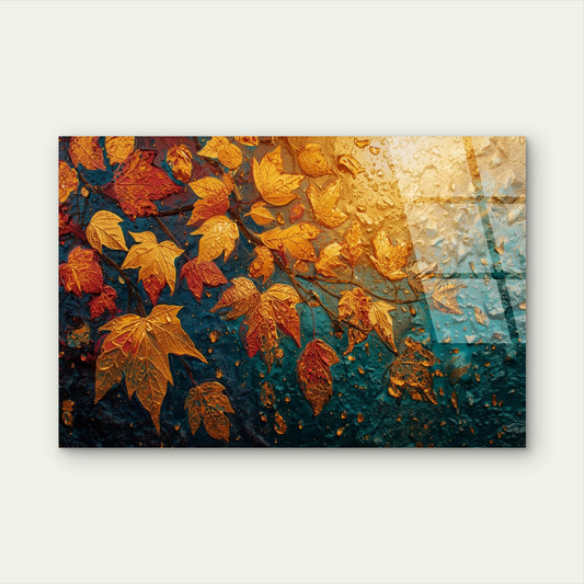 Modern Teal Golden Autumn Maple Leaf Acrylic Glass Printing Wall Art Australian Made Quality