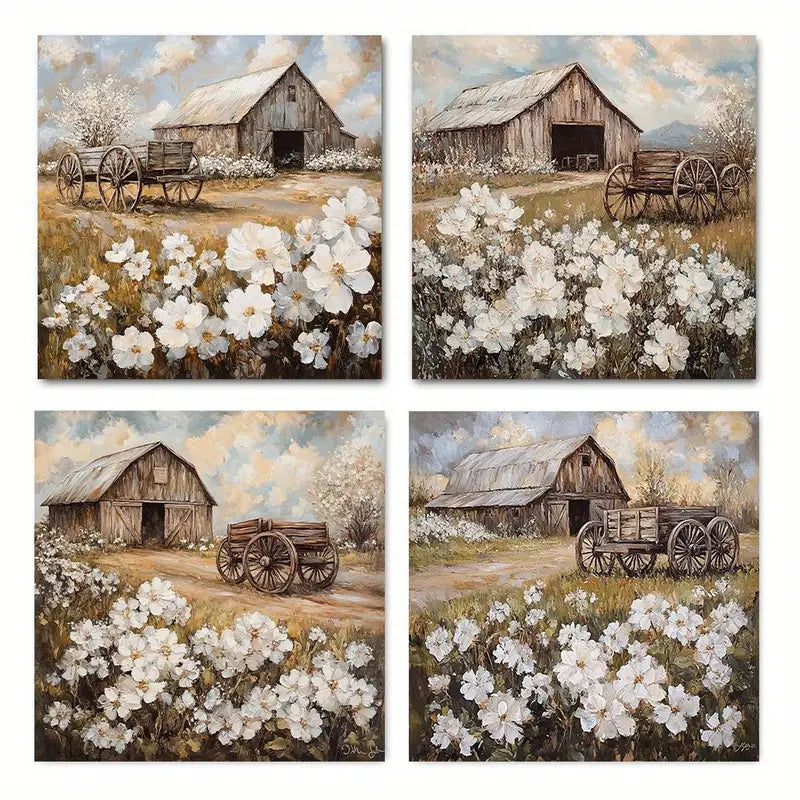 4pcs   Rustic Barn & Wagon VC Wall Art Canvas Framed