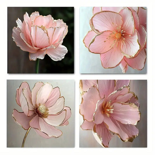 4pcs Pink Peony & Golden Accents Wall Art Canvas Framed