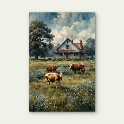 Watercolor of Rustic Farm with Grazing Cows 60x90cm Metal Print Ready to Hang
