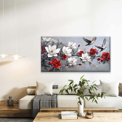 White Floral with Flying Birds Wall Art Canvas Office Home Room Framed 120x60cm