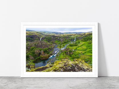 Rocky Mountains With Waterfalls Glass Framed Wall Art, Ready to Hang Quality Print With White Border White