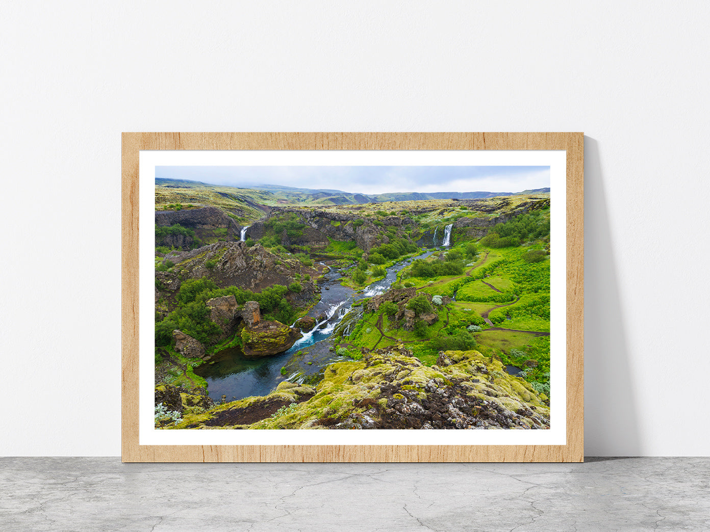 Rocky Mountains With Waterfalls Glass Framed Wall Art, Ready to Hang Quality Print With White Border Oak