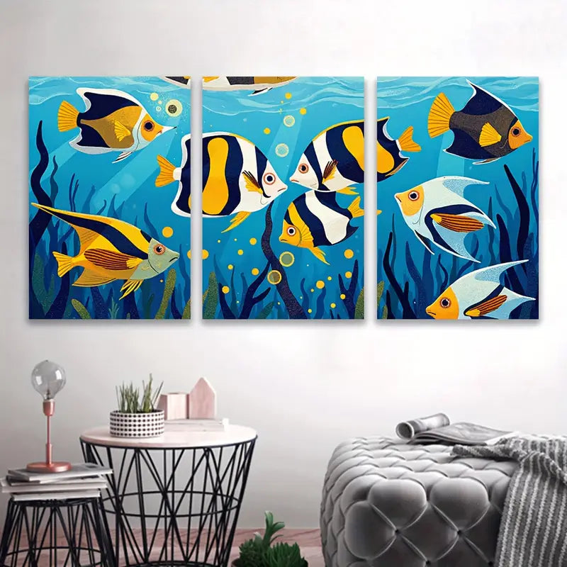 3pcs Yellow & Black Fish Underwater Scene Wall Art Set Canvas Framed 60x90cm - High Quality Print 100% Australian Made Wall Canvas Ready to Hang