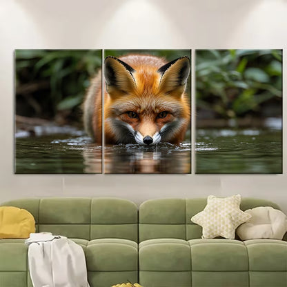 3pcs Curious Wild Fox Drinking from River Metal Print Ready to Hang Art