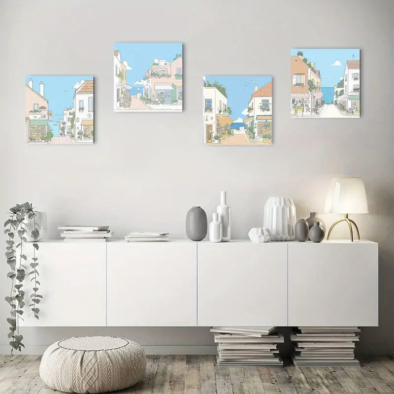 4pcs Blue and brown cute anim  BDC   Wall Art Canvas Framed