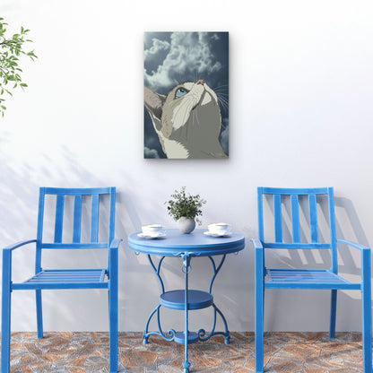 Illustration of a Cat Looking at Cloudy Sky 60x90cm Metal Print Ready to Hang