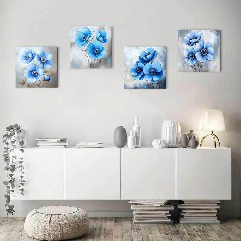4pcs Blue Flowers Bloom Flowers Picture Wall Art Canvas Framed