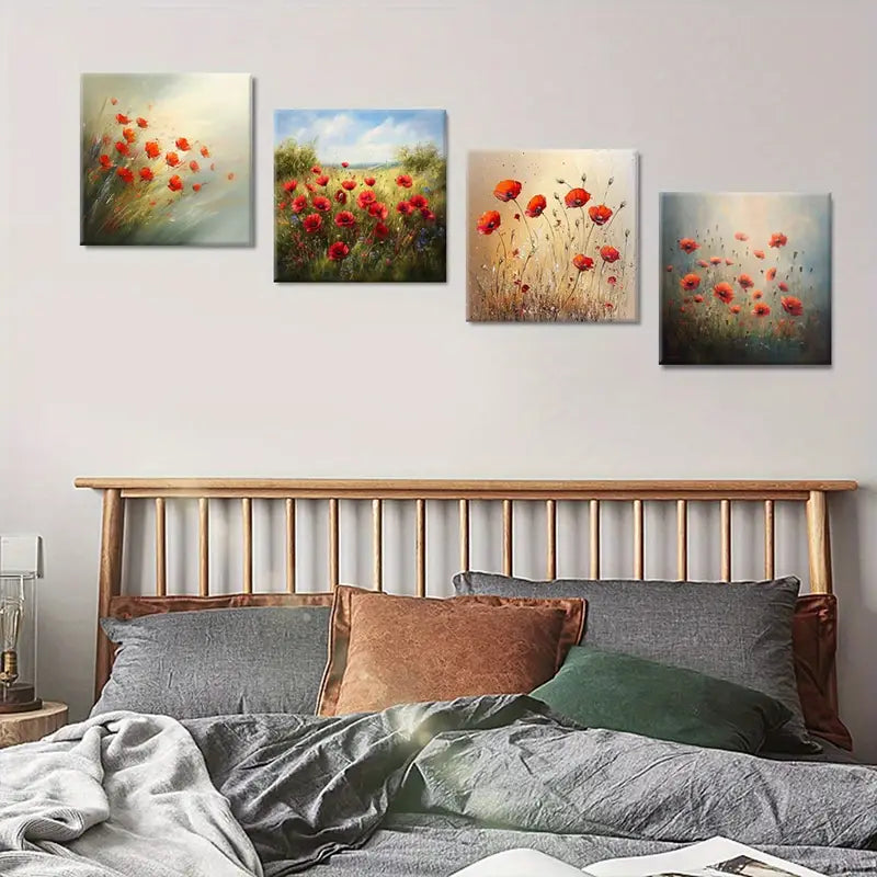 4pcs Maple Leaf Prints, Landscape Wall Art Canvas Framed