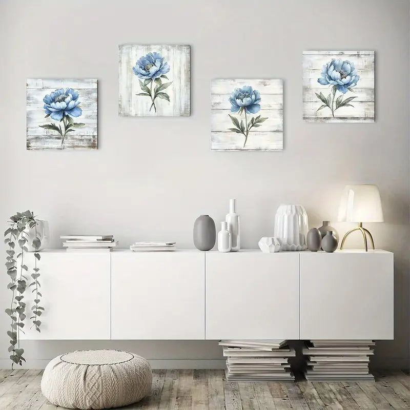 4pcs Blue Flowers In Rustic  Wall Art Canvas Framed