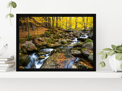 Autumn Forest With Rocky River Glass Framed Wall Art, Ready to Hang Quality Print Without White Border Black