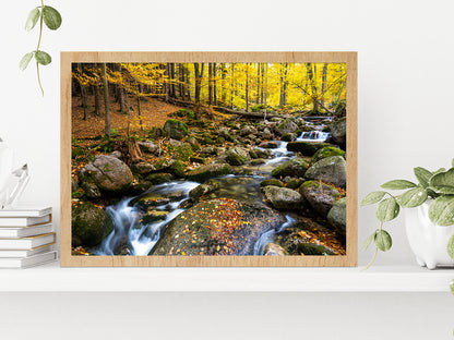 Autumn Forest With Rocky River Glass Framed Wall Art, Ready to Hang Quality Print Without White Border Oak