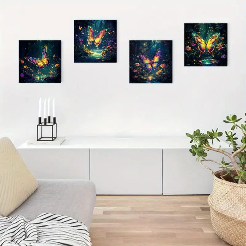 4pcs Vibrant Butterfly & Forest Canvas Prints Wall Art Canvas Framed