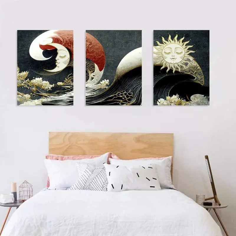 3pcs Sun And Moon Japanese Ocean Landscape Metal Print Ready to Hang Art