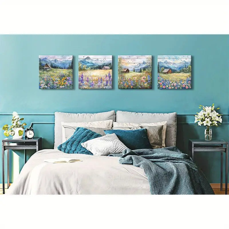 4pcs Farmhouses And Stunning Views   Wall Art Canvas Framed