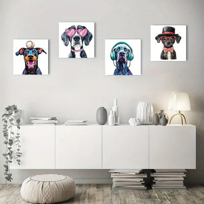 4pcs Vibrant Dog  Baseball Cap, Heart Glasses Wall Art Canvas Framed