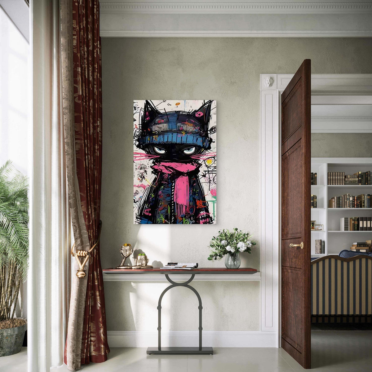 Black Cat with Blue Hat & Pink Scarf 60x90cm Metal Print Ready to Hang