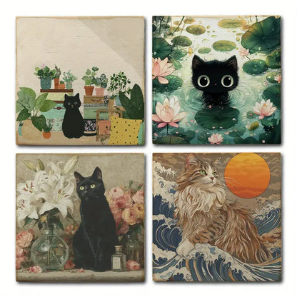 4pcs Adorable Orange Cat Room Decoration Wall Art Canvas Framed