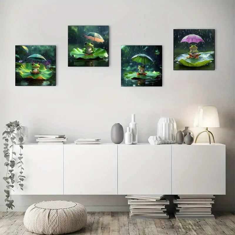 4pcs  Whimsical Frog & For Lotus Leaf  Wall Art Canvas Framed
