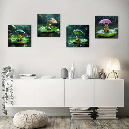 4pcs  Whimsical Frog & For Lotus Leaf  Wall Art Canvas Framed
