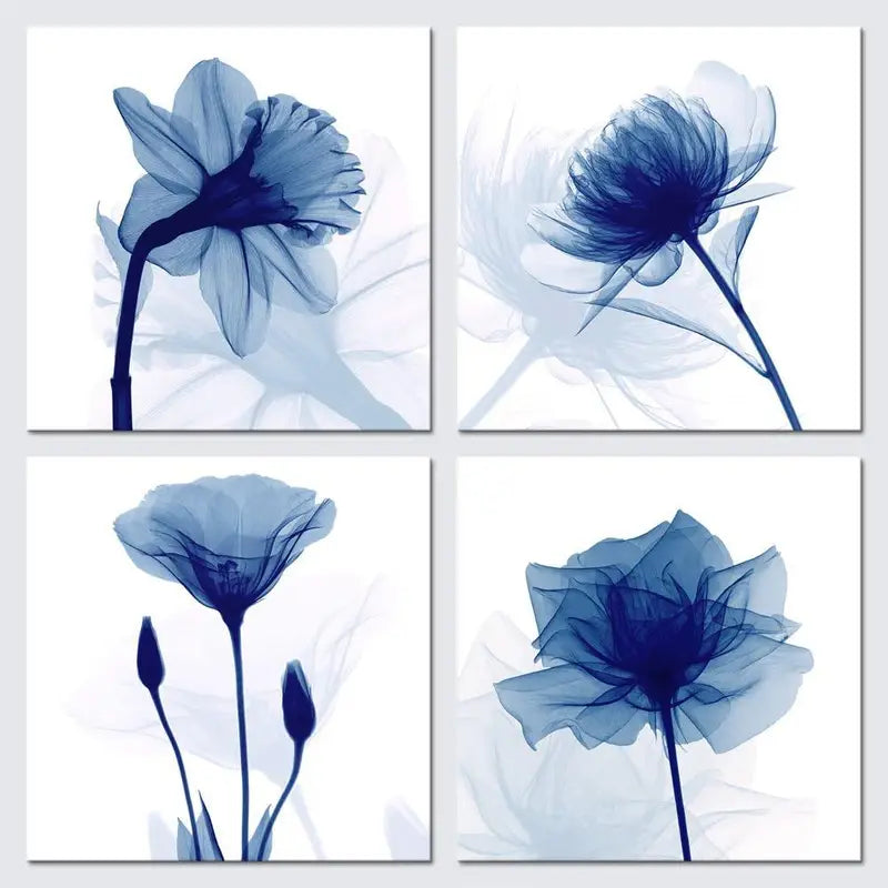 4pcs Blue Flickering Flower Modern Abstract Wall Art Canvas Framed