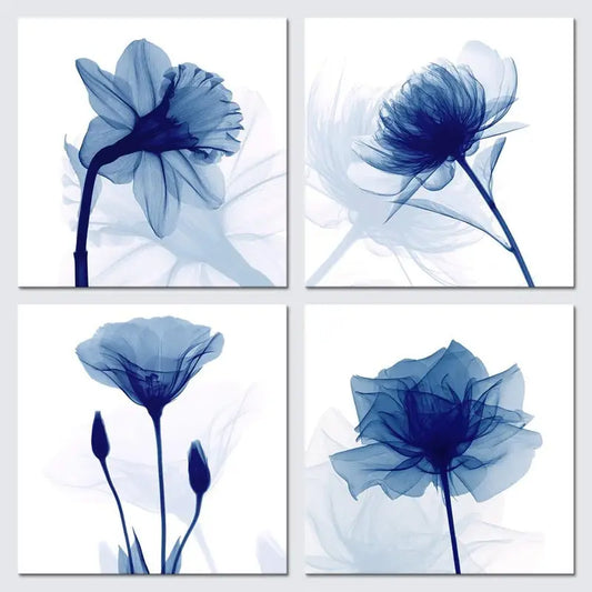 4pcs Blue Flickering Flower Modern Abstract  Wall Art Canvas Framed