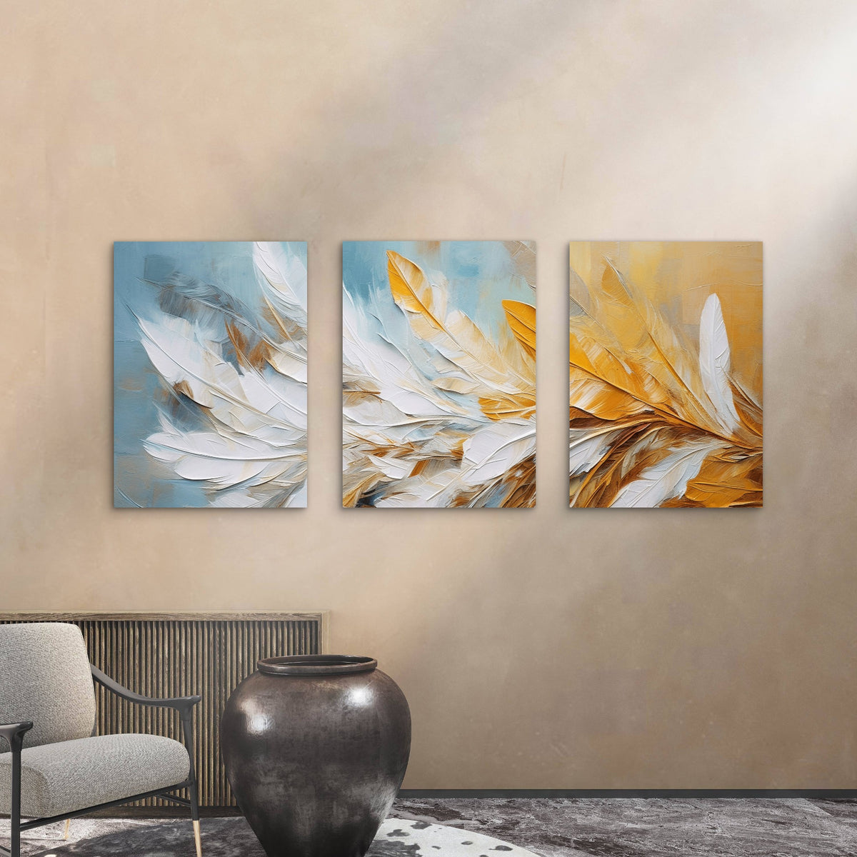 3pcs Modern Abstract Teal Yellow Feather Wall Art Set Canvas Framed 40x60cm - High Quality Print 100% Australian Made Wall Canvas Ready to Hang